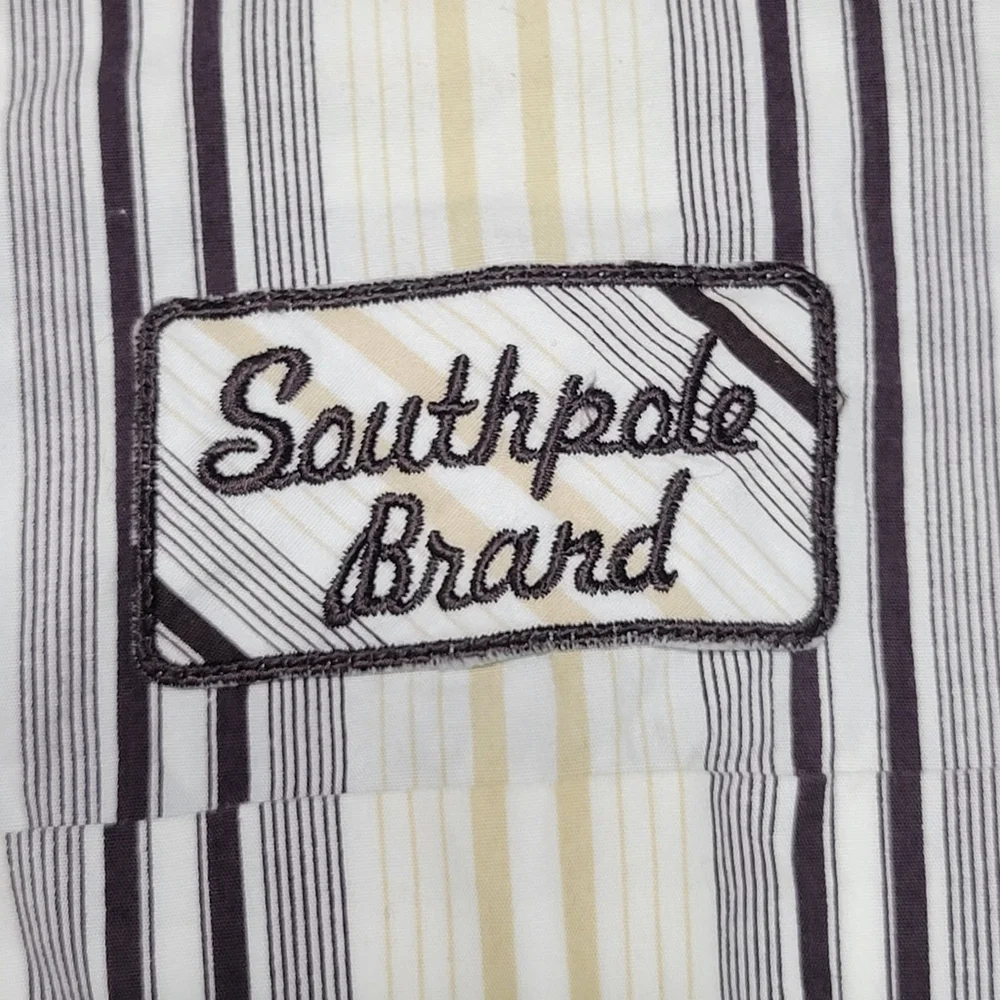 South Pole Authentic Collection Striped Button Up Patches Size XXL Purple Tan